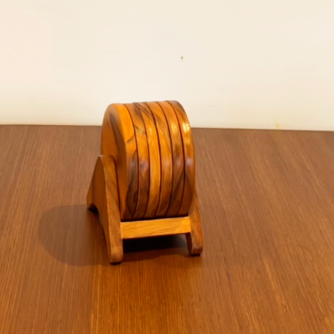 Natural Teak Wood Coasters – Set of 6 with Holder