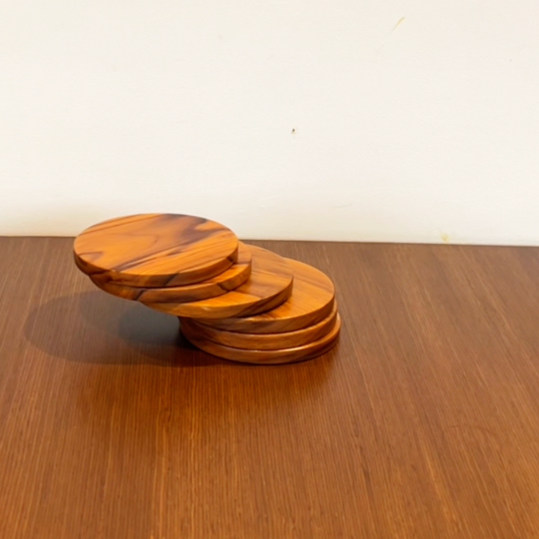 Natural Teak Wood Coasters – Set of 6 with Holder