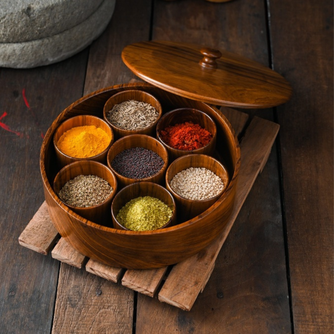Teak Wood Spice Container with 7 containers & Lid