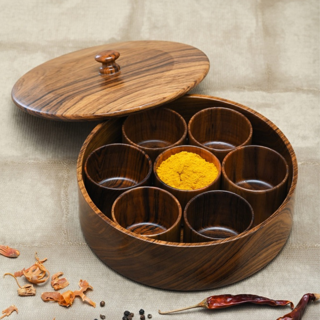 Teak Wood Spice Container with 7 containers & Lid
