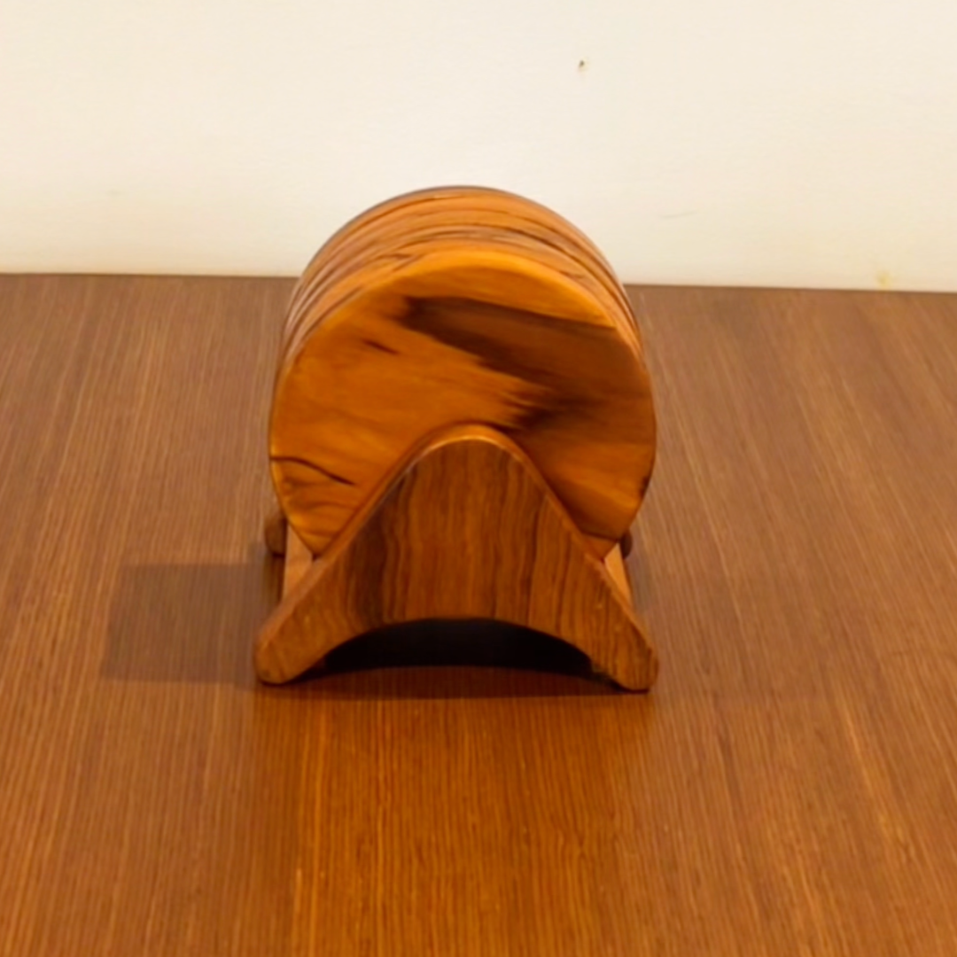 Natural Teak Wood Coasters – Set of 6 with Holder