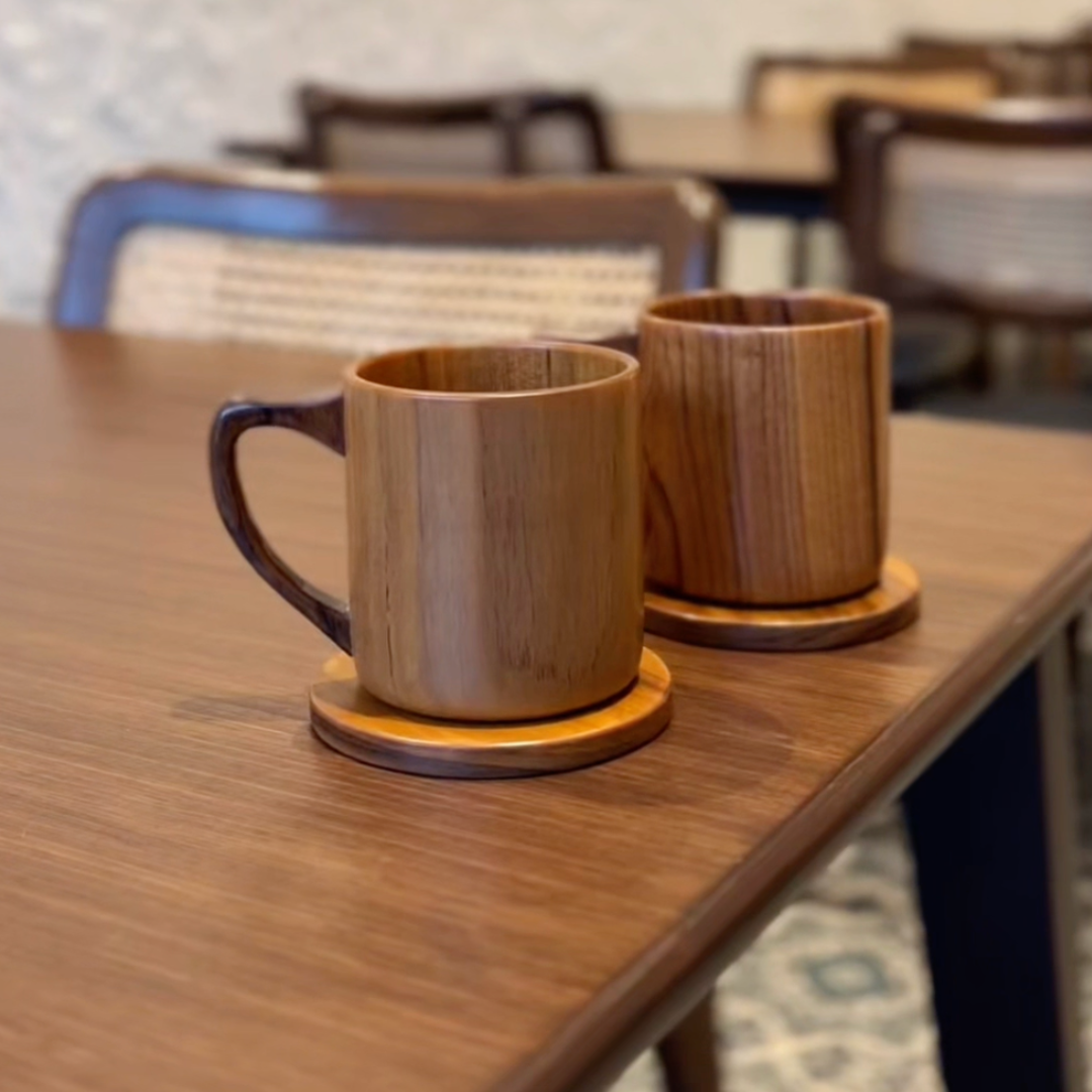 Natural Teak Wood Coasters – Set of 6 with Holder