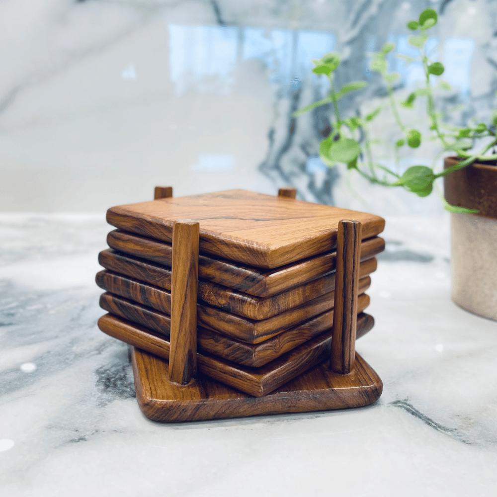 Natural Teak Wood Coasters – Set of 6 with Holder Stand