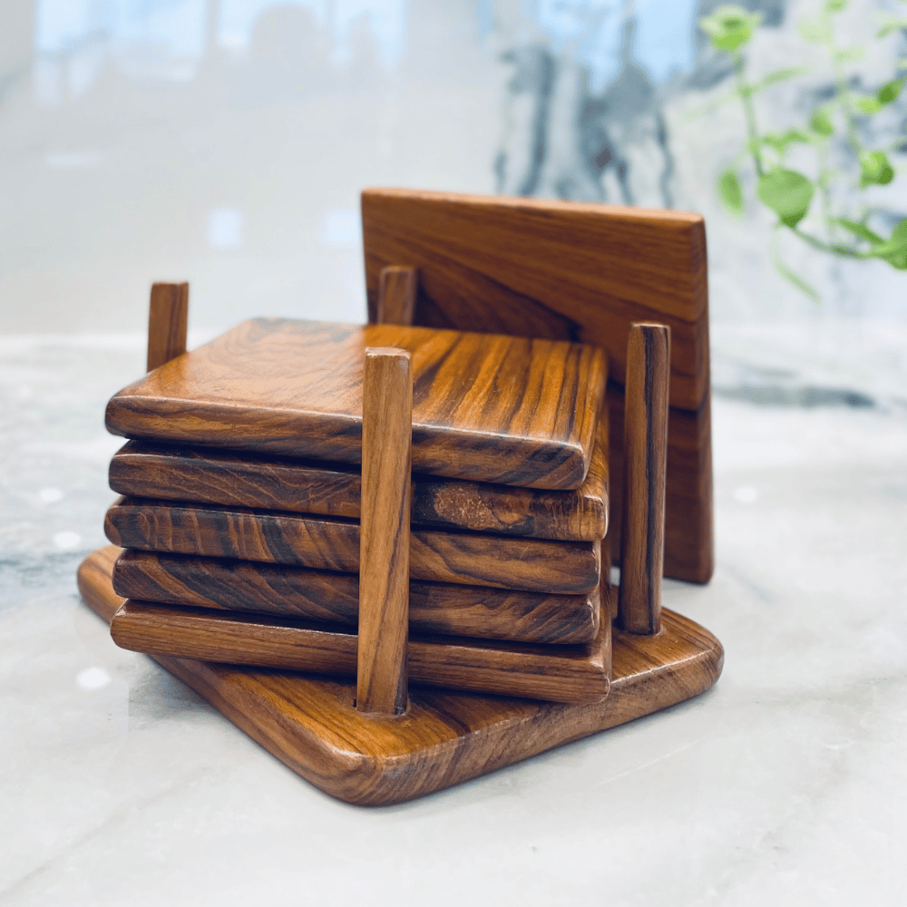 Natural Teak Wood Coasters – Set of 6 with Holder Stand