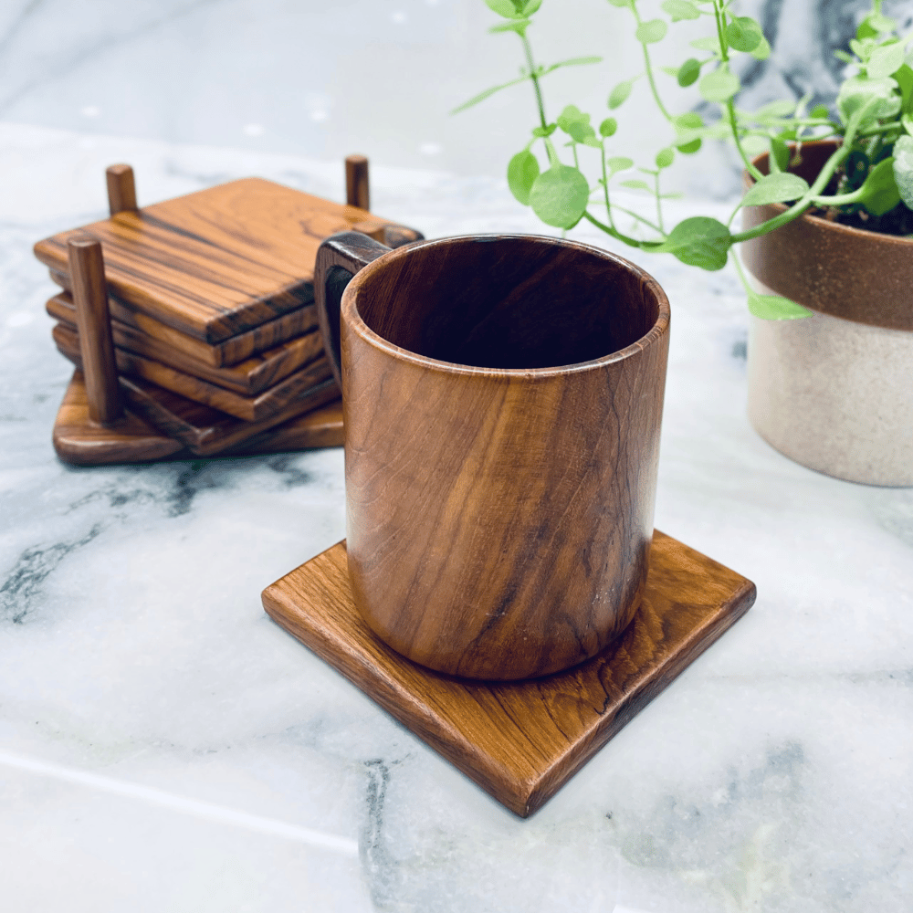 Natural Teak Wood Coasters – Set of 6 with Holder Stand