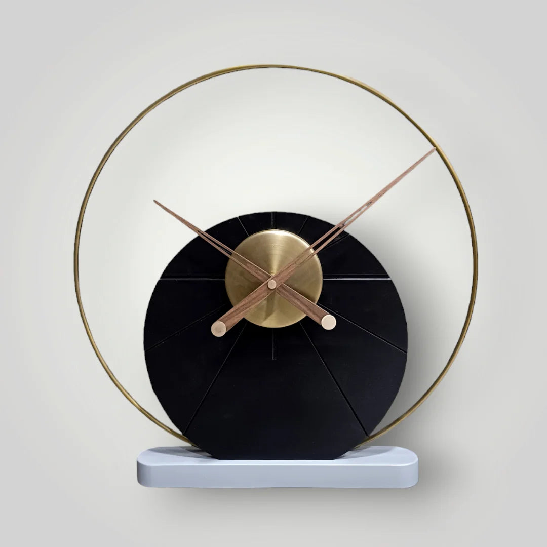 Black Circular Table Clock with Golden round Frame