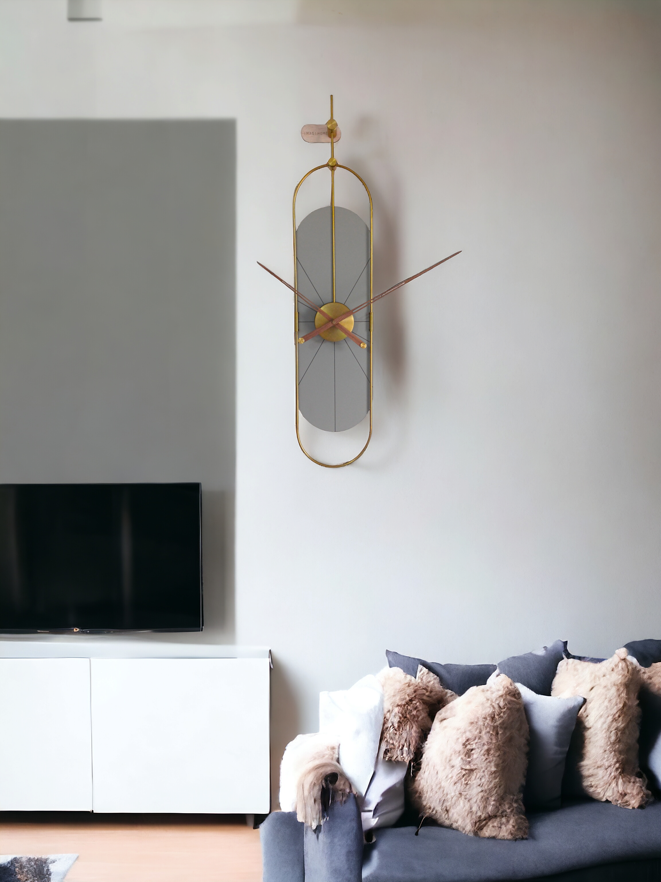 Grey Capsule Wall Clock with Golden Metal Frame