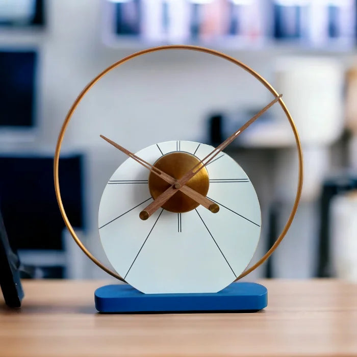 White Circular Table Clock with Golden round Frame