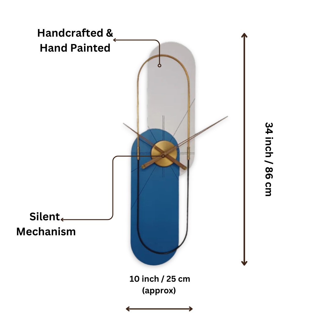 blue and grey wall clock with metal frame