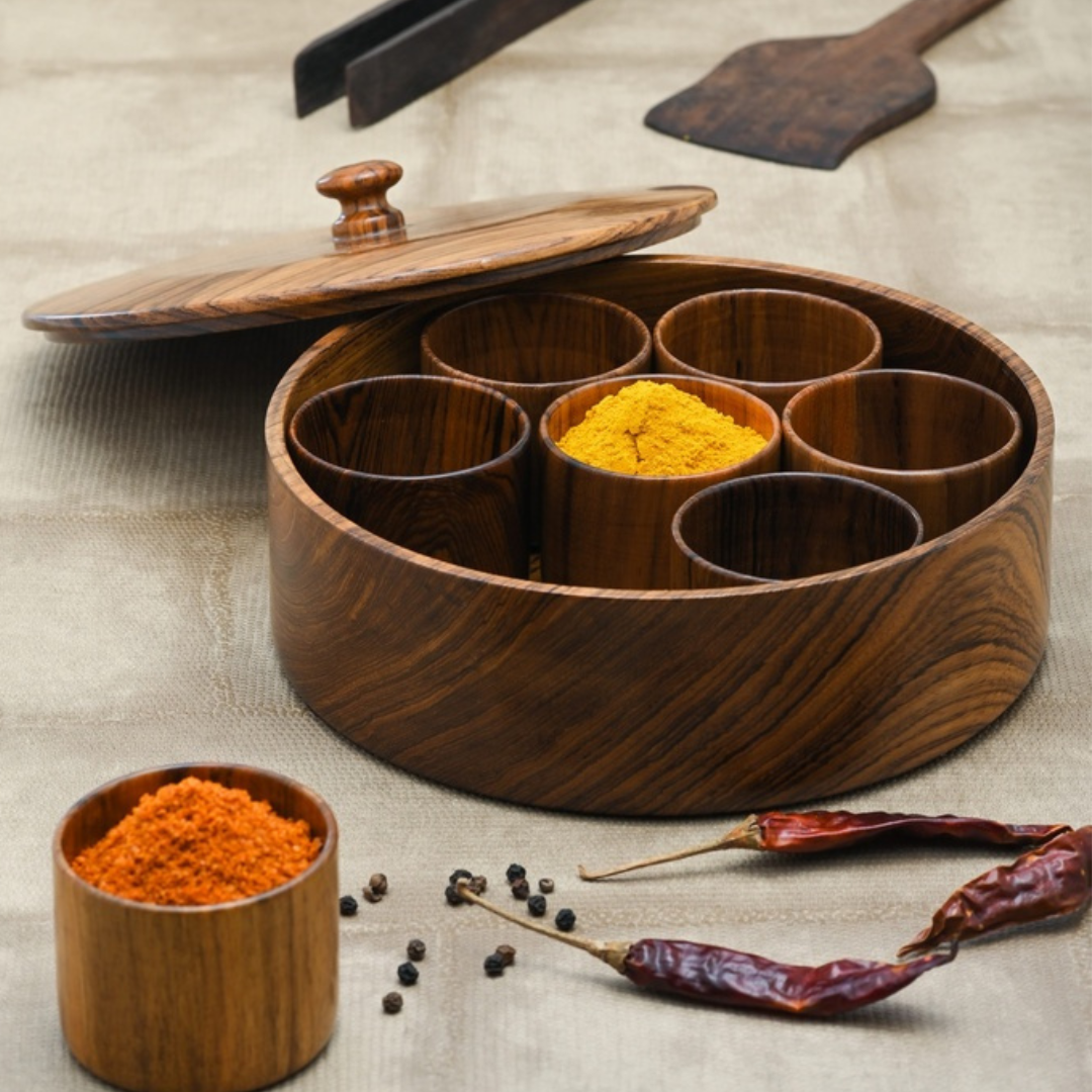Teak Wood Spice Container with 7 containers & Lid