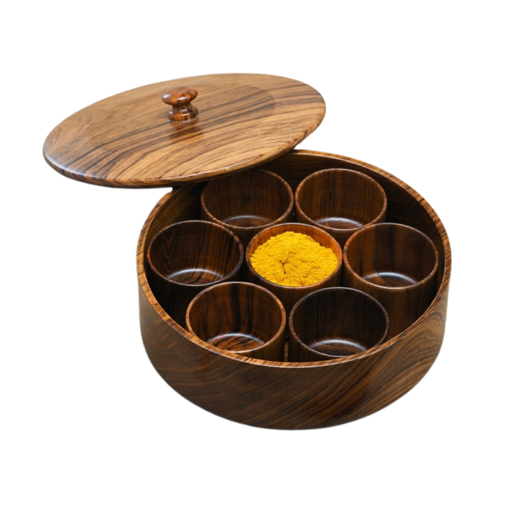 Teak Wood Spice Container with 7 containers & Lid