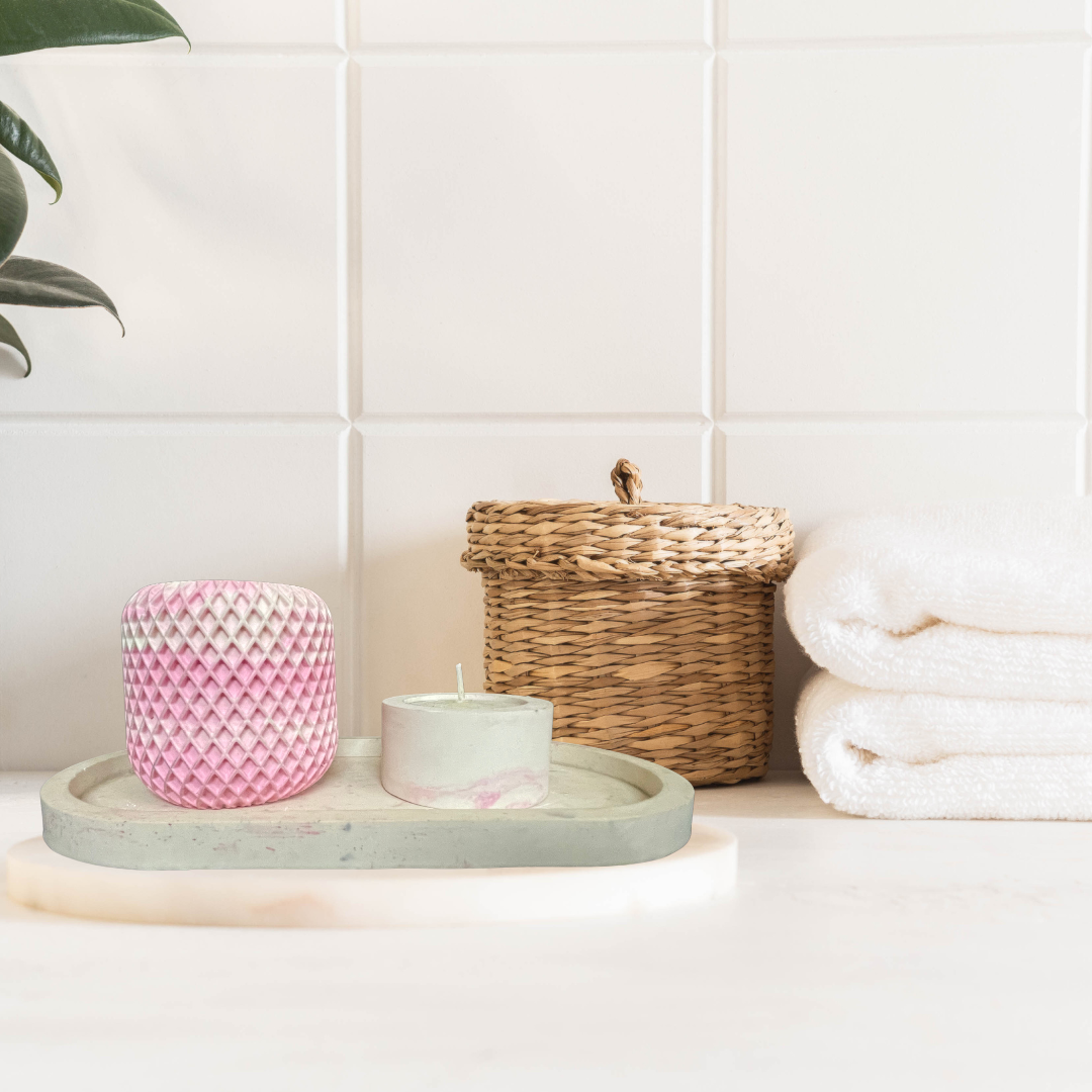 White & Pink Concrete Table & Bathroom Decor Set