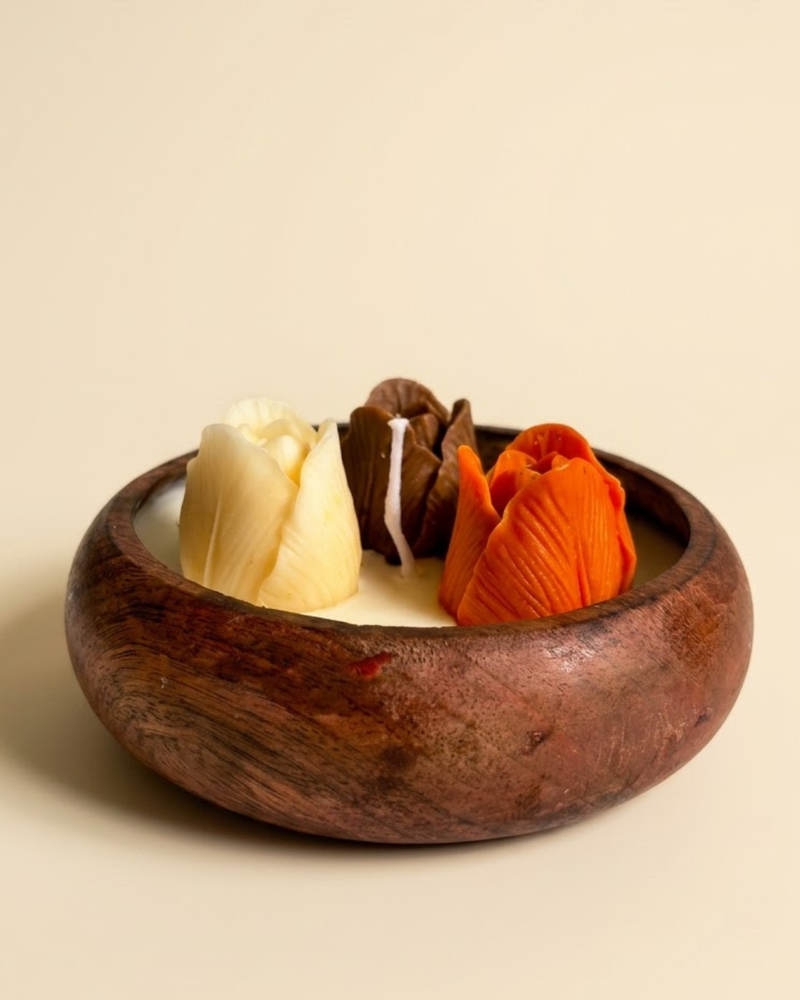 Lotus Bud Wooden Bowl Candle | Nirwana Scented Coconut & Soy Wax | Artisan Floral Décor