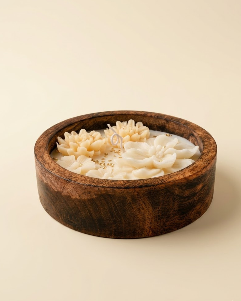 Luxury Bloom Wooden Bowl Candle | Vanilla Scented Coconut & Soy Wax