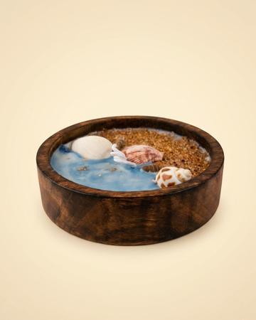 Ocean Coastal Wooden Bowl Candle with Ocean Scented Coconut & Soy Wax | Seashell Artisan Décor
