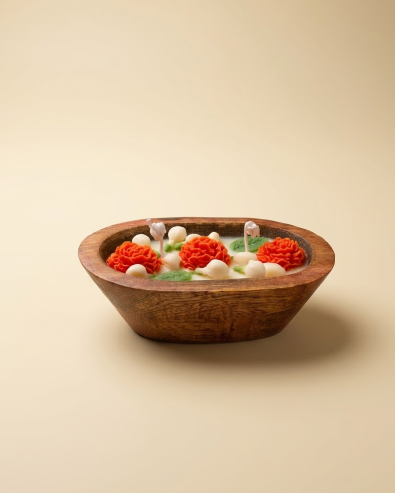 Botanical Floral Wooden Bowl Candle | Mogra Scented Coconut & Soy Wax
