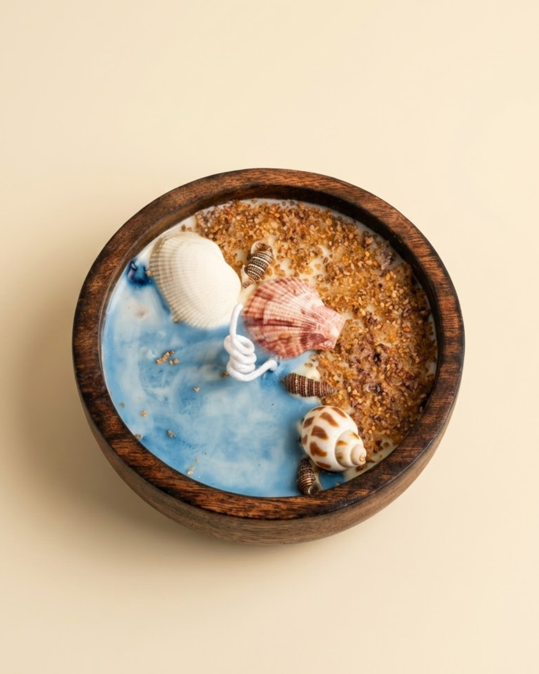 Ocean Coastal Wooden Bowl Candle with Ocean Scented Coconut & Soy Wax | Seashell Artisan Décor