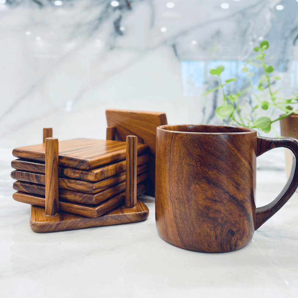 Natural Teak Wood Coasters – Set of 6 with Holder Stand