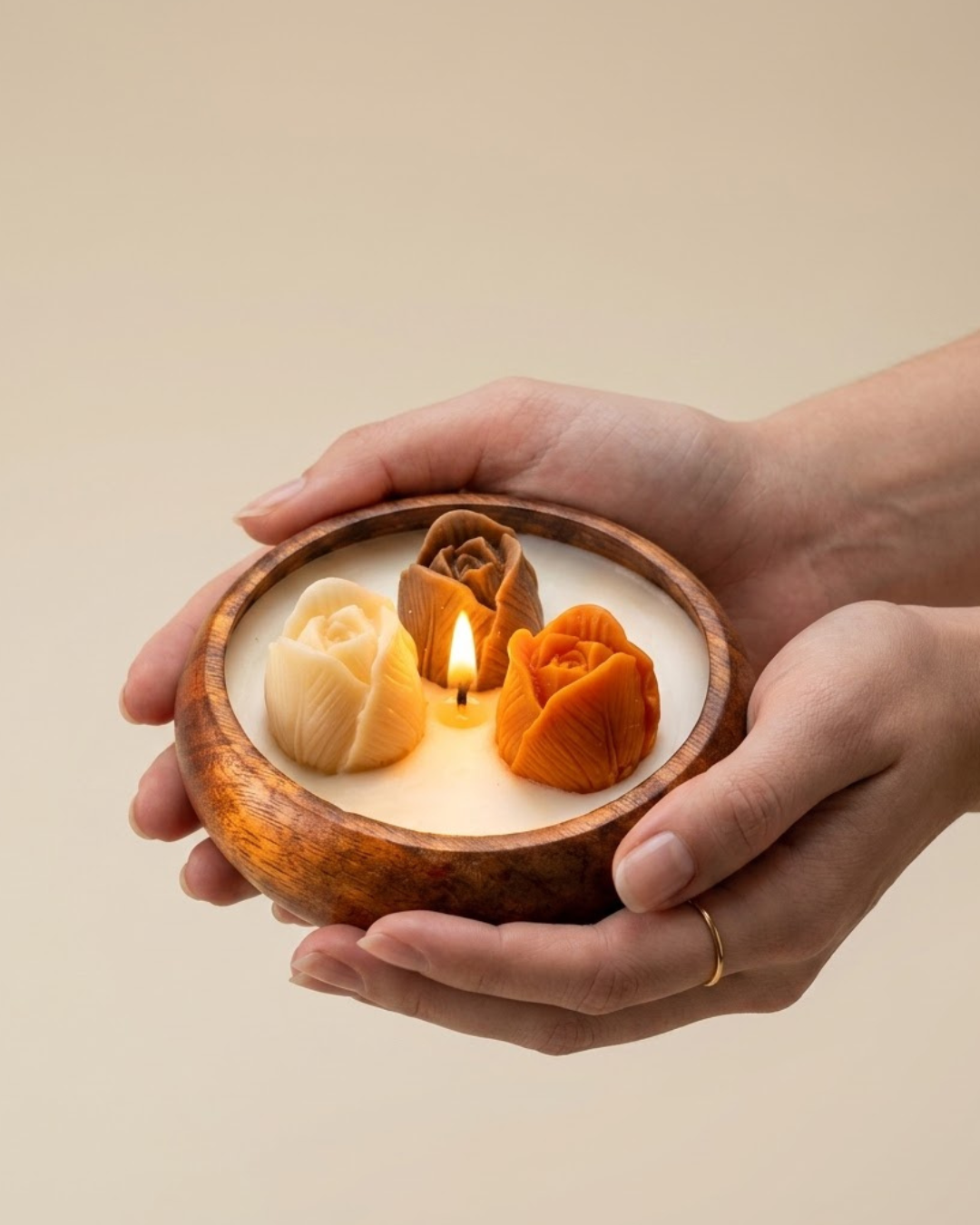 Lotus Bud Wooden Bowl Candle | Nirwana Scented Coconut & Soy Wax | Artisan Floral Décor