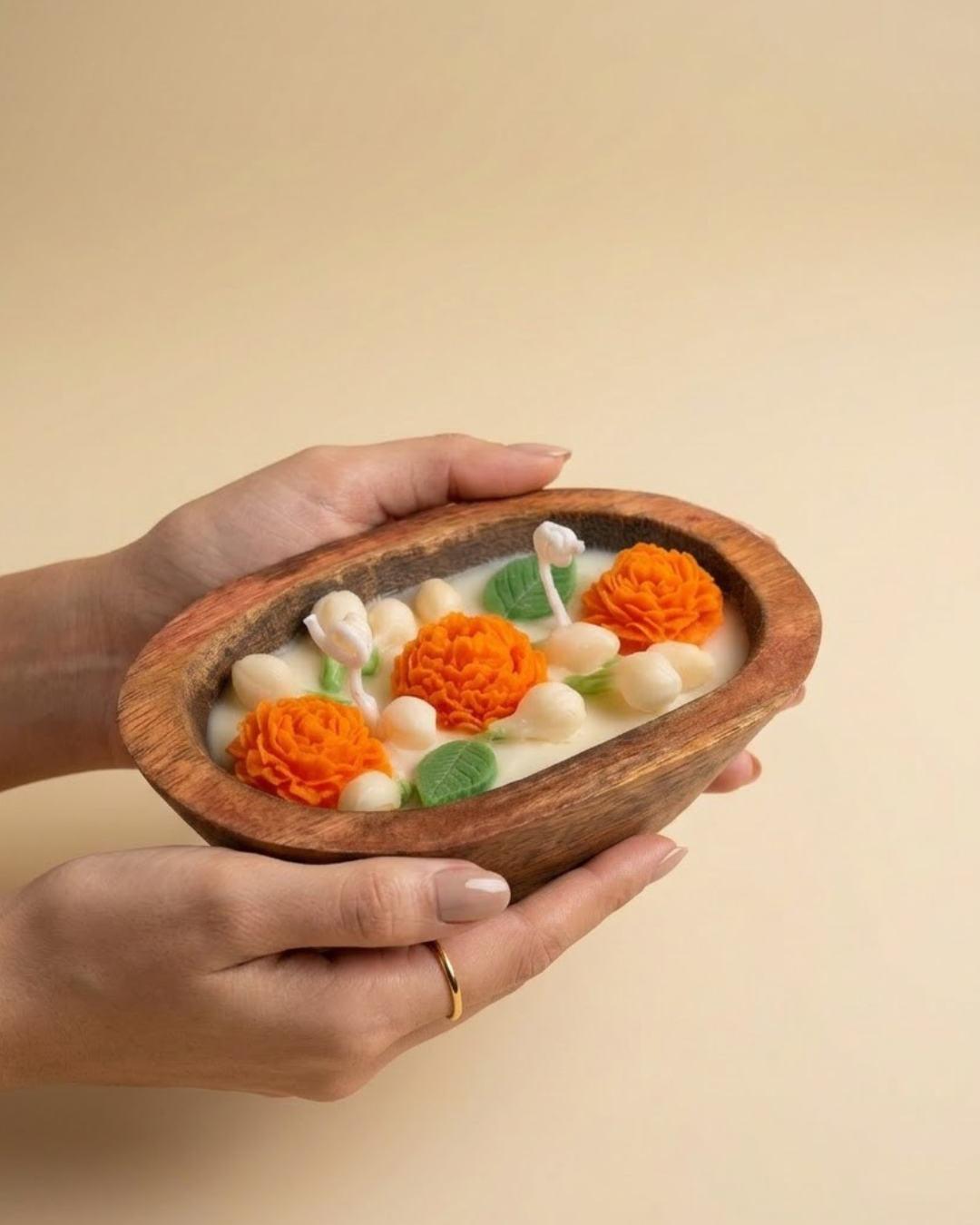 Botanical Floral Wooden Bowl Candle | Mogra Scented Coconut & Soy Wax
