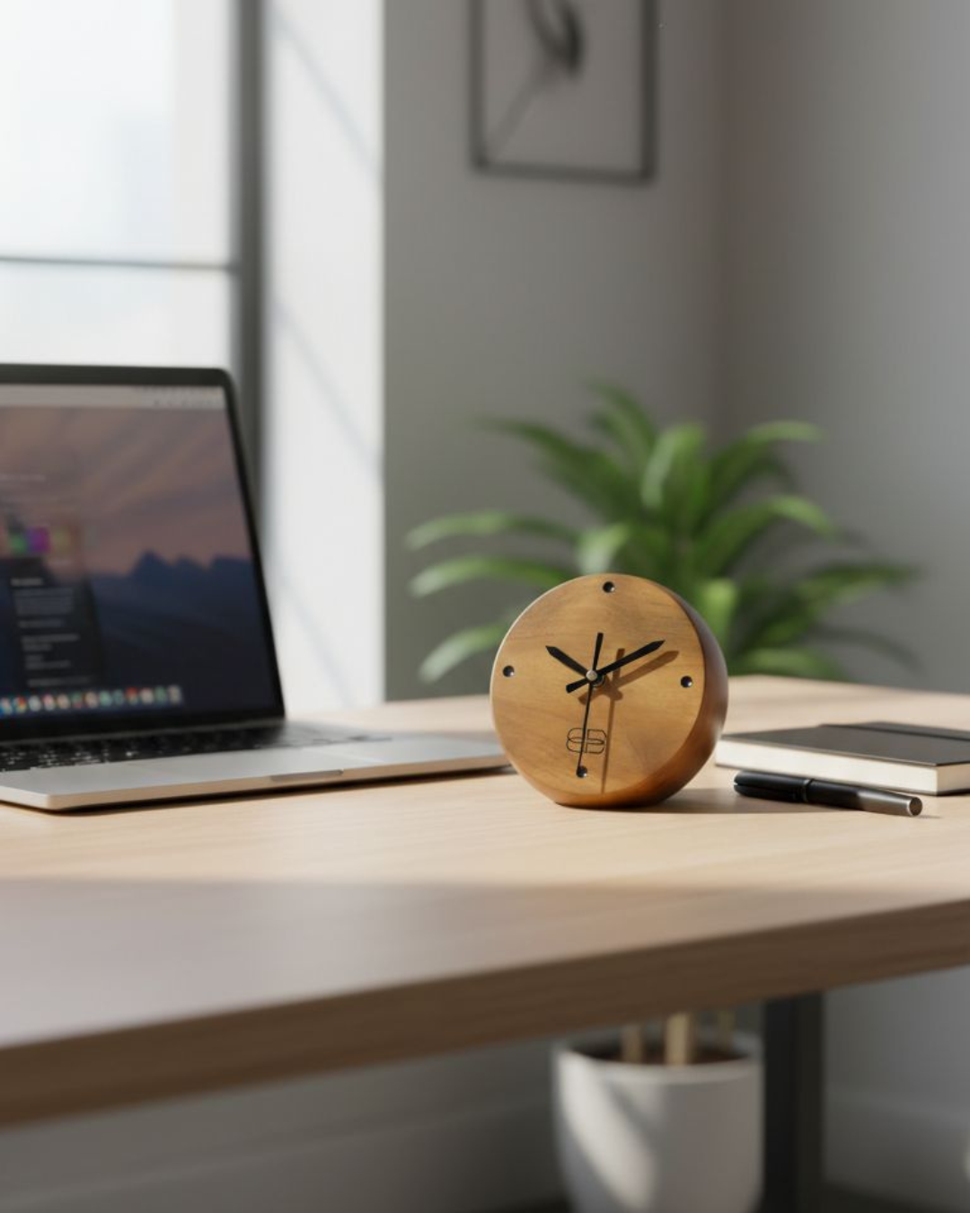 Mini Round Wooden Desk Clock – Natural Teak Wood