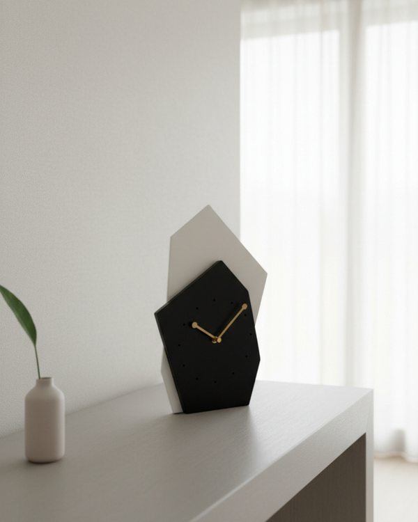 Abstract Geometric Table Clock | Black & White Sculptural Desk Clock with Brown Hand