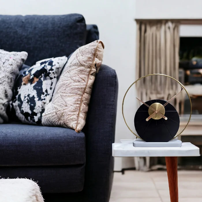 Black Circular Table Clock with Golden round Frame