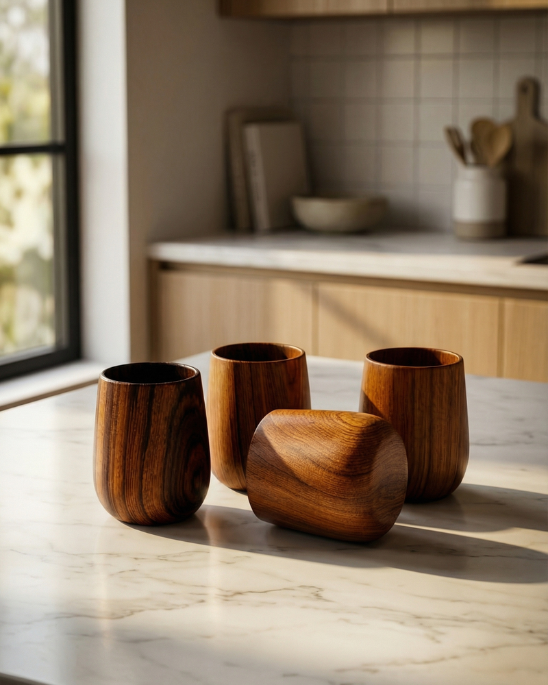 Teak Wood Tumbler Cups Set of 4 | Handmade Wooden Glasses for Drinks