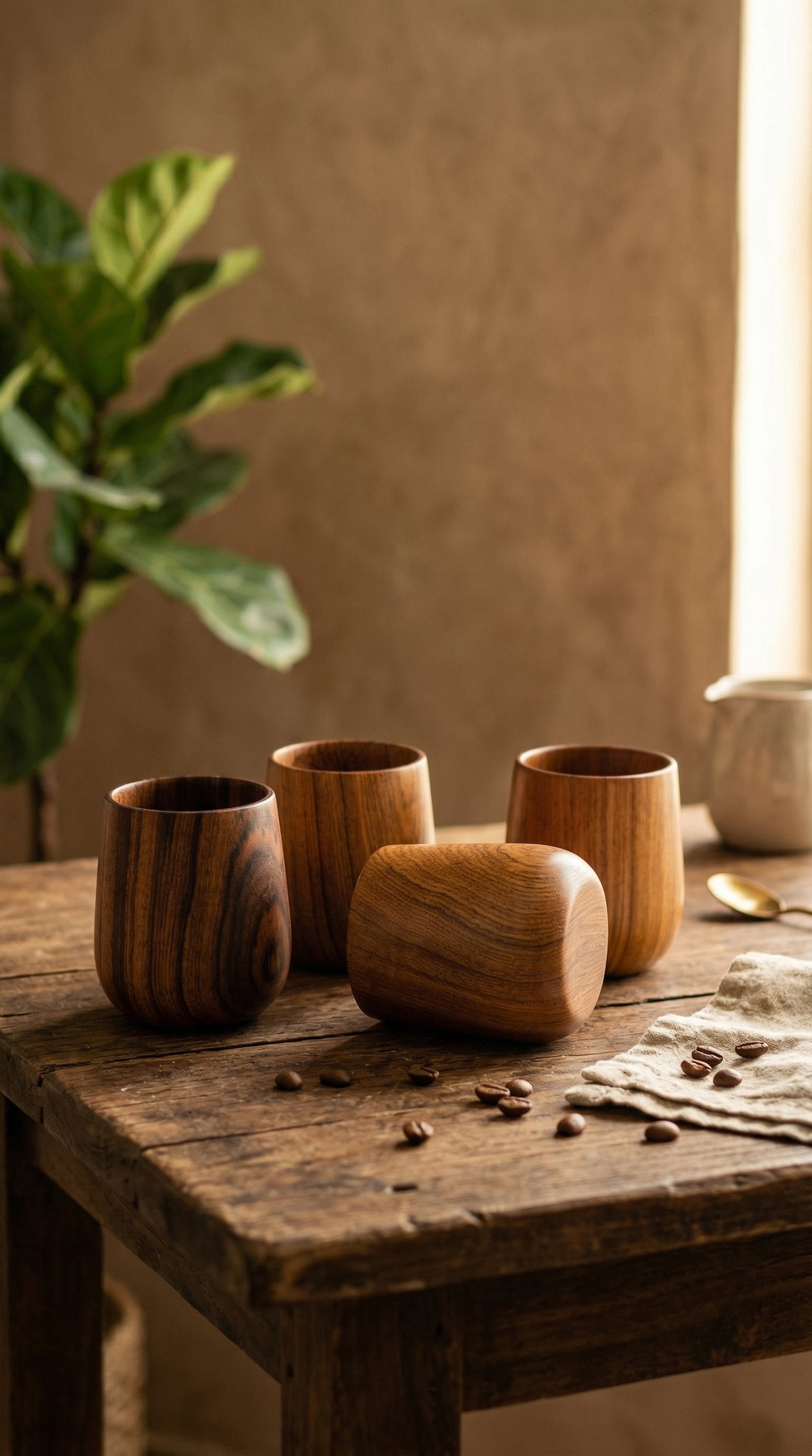 Teak Wood Glass Set of 4 | Handmade Wooden Tumbler Cups for Water, Tea & Juice