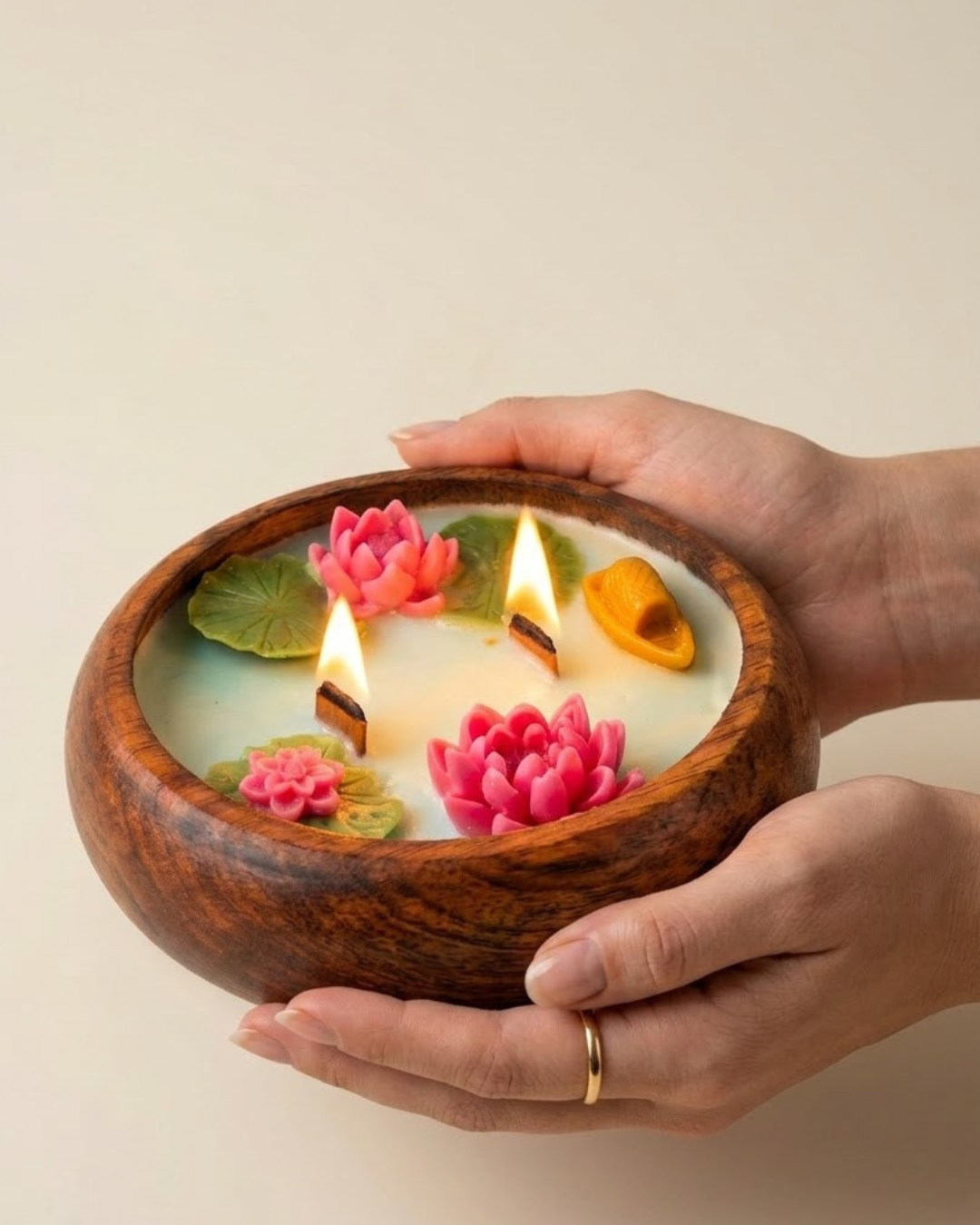 Luxury Floating Lotus Wooden Bowl Candle | Mogra Scented Soy & Coconut Wax