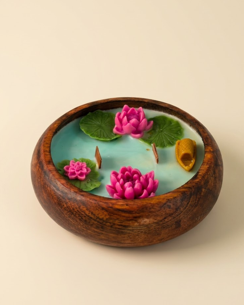 Luxury Floating Lotus Wooden Bowl Candle | Mogra Scented Soy & Coconut Wax