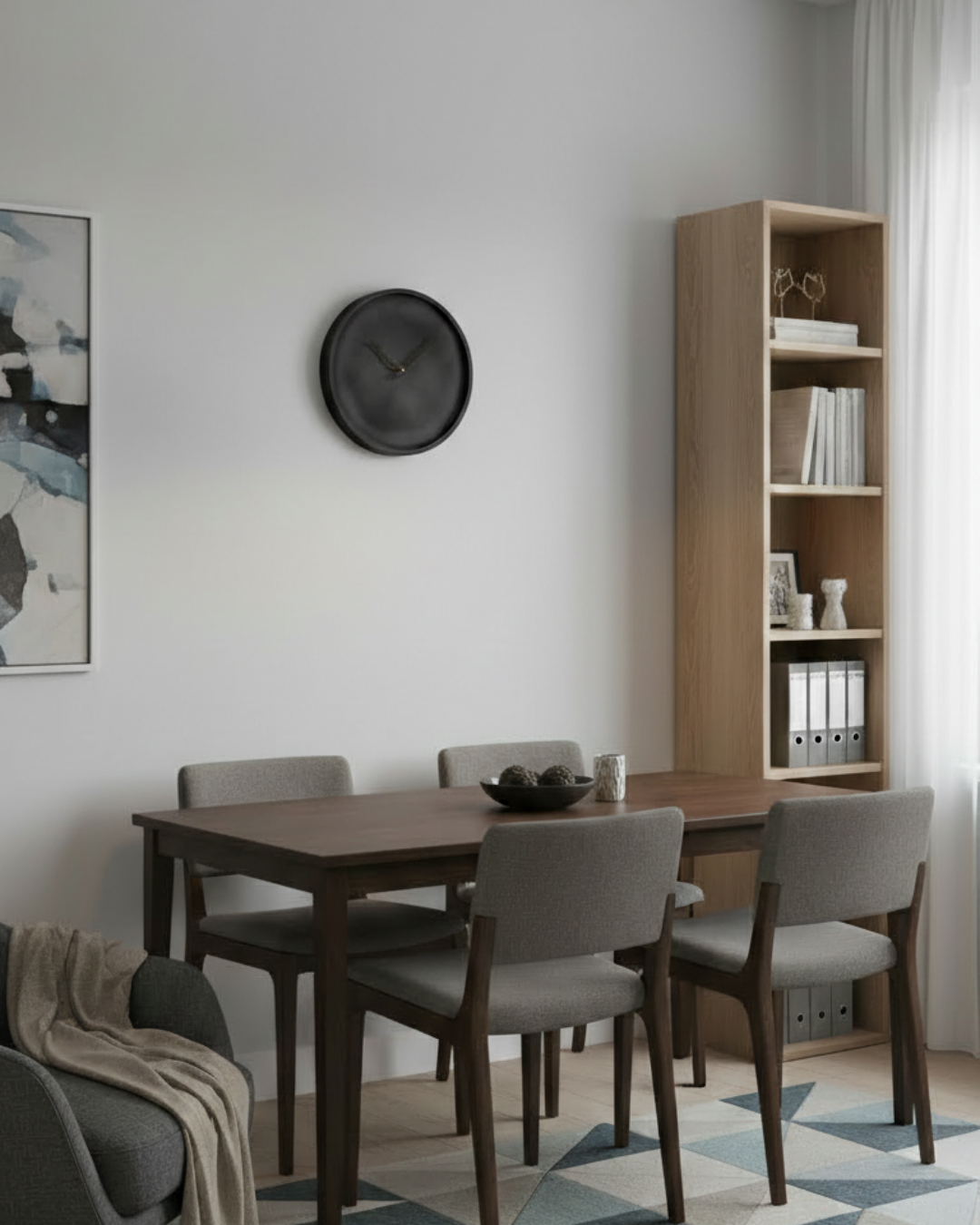 Minimalist Matte Black Round Wall Clock | Geometric Wood Hands | Modern Wall Clock for Home & Office