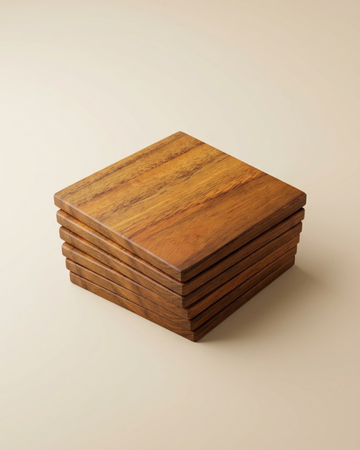 Natural Teak Wood Coasters – Set of 6 with Holder Stand