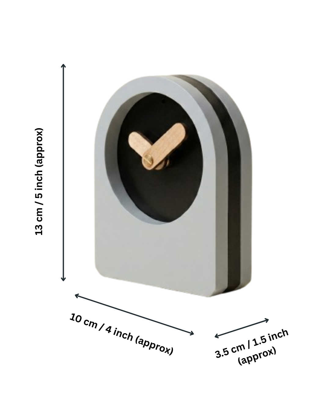 Small clock with dimensions indicated on a white background
