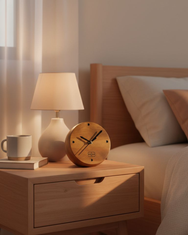 Mini Round Wooden Desk Clock – Natural Teak Wood