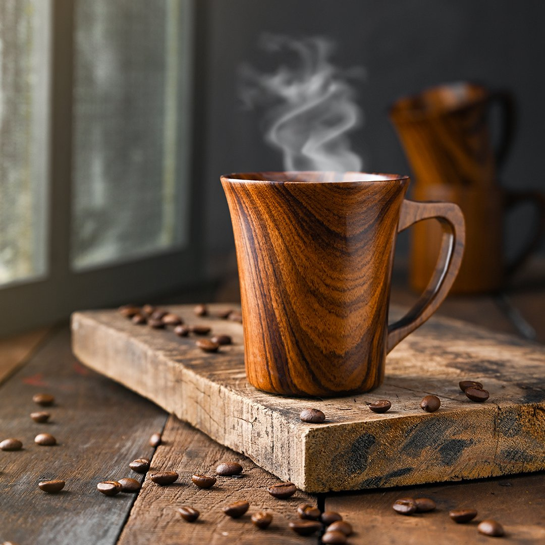 teak wood coffee mug set