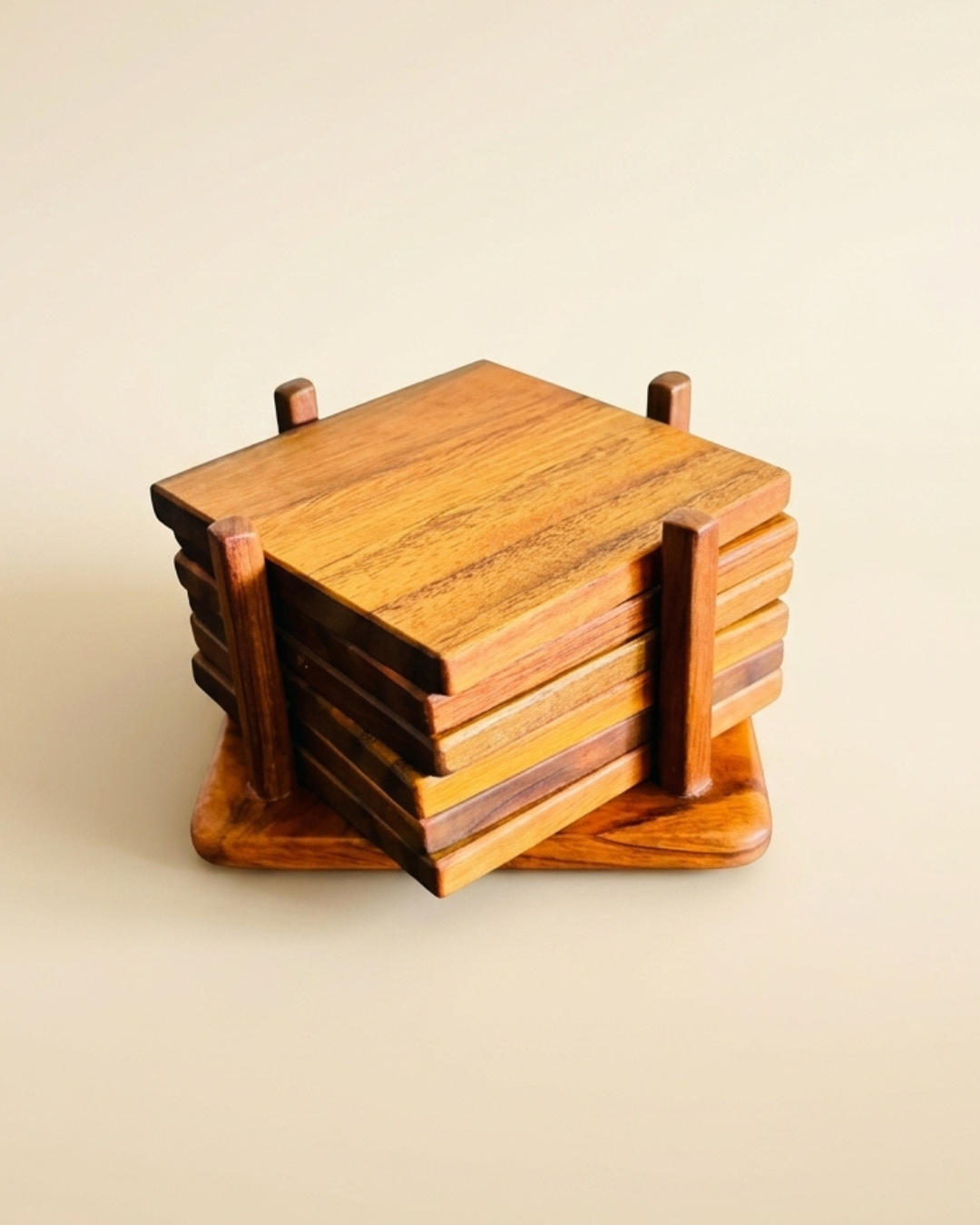 Natural Teak Wood Coasters – Set of 6 with Holder Stand