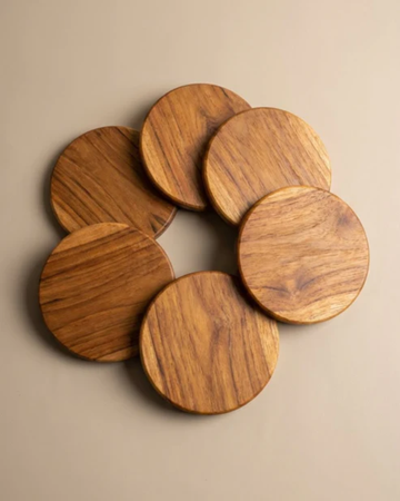 Natural Teak Wood Coasters – Set of 6 with Holder
