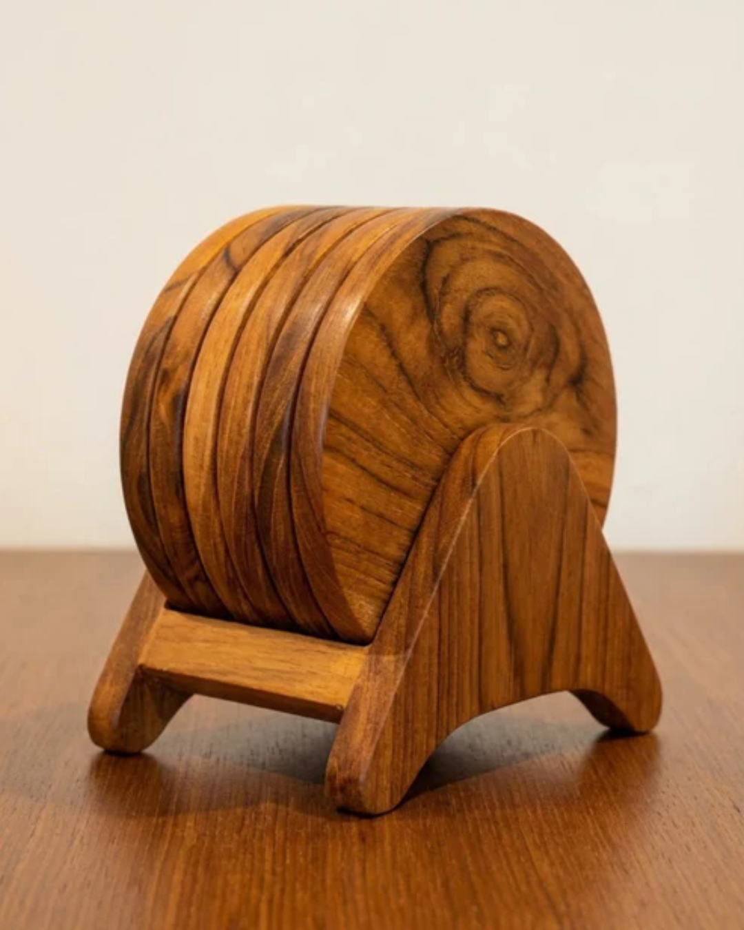 Natural Teak Wood Coasters – Set of 6 with Holder