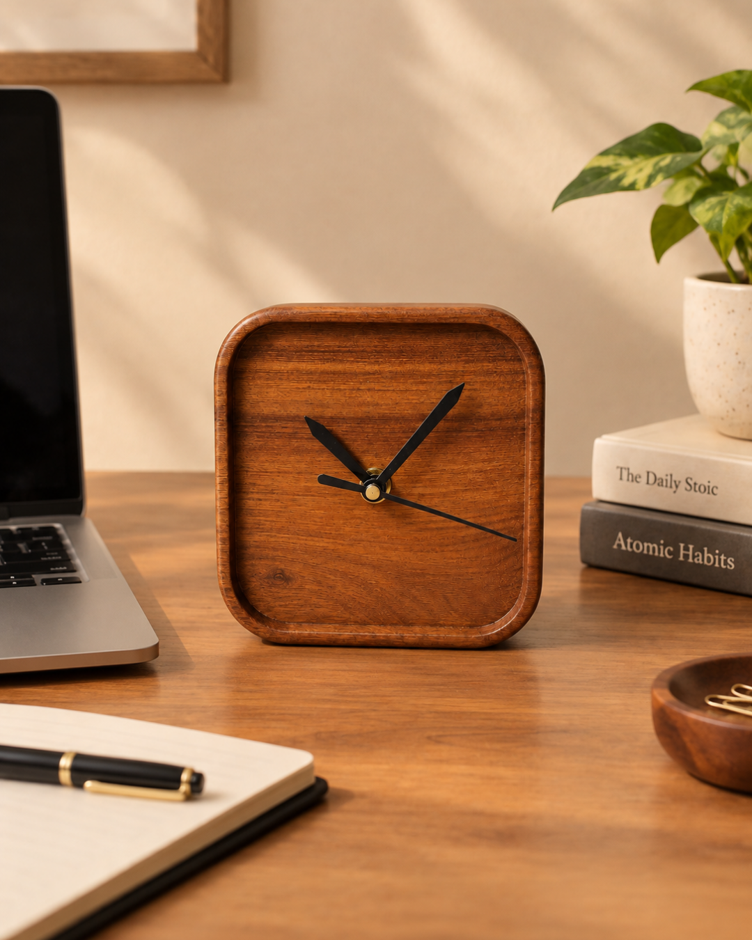 Natural Teakwood Desk Clock | Silent & Minimal